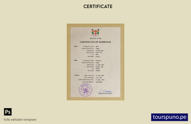 Plantilla PSD de certificado de matrimonio de Fiji listo para imprimir
